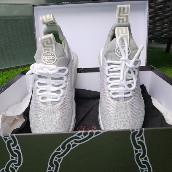 NIB Versace Silver Sparkle Chain Reaction Sneakers 8 US Made in Italy - Picture 1 of 5